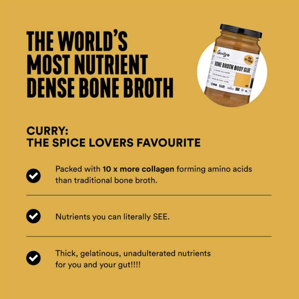 Gevity Rx Bone Broth Body Glue ® - CURRY - Bone Broth - Concentrate - 10x more collagen* - 39 servings - Sip, Cook, Create - 100% Grass Fed Beef Bones- 9.75 Litres, 329 Fl. Oz. (13.75 Ounce, Curry)