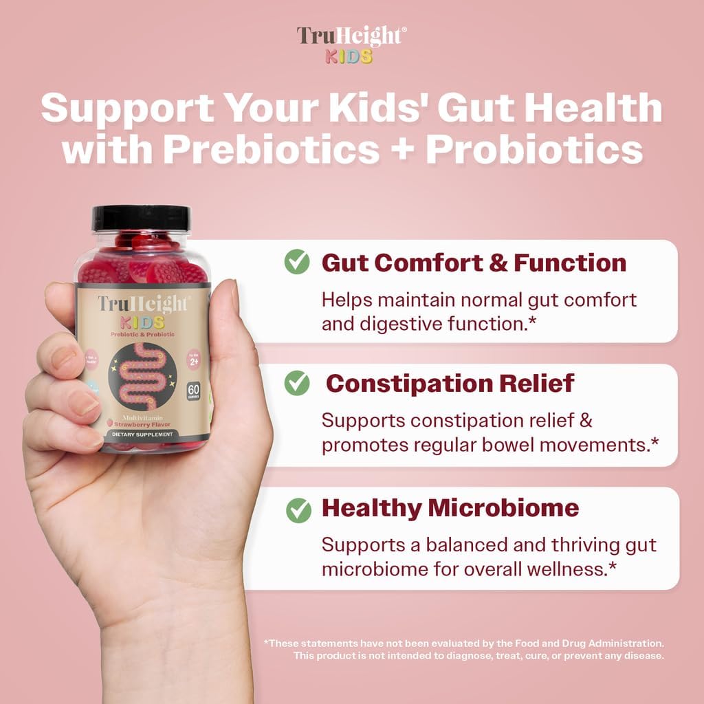 TruHeight Kids Prebiotic & Probiotic Gummies Ages 2+ (Strawberry Flavor) Toddlers & Kids All Natural Gut Health, Digestive Enzymes, Stomache Ache, Constipation Relief Supplement - Pediatric Vitamins