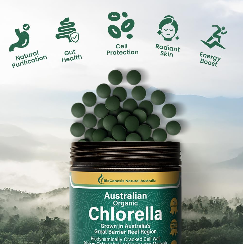 Biogenesis Organic Chlorella Tablets – 600 Count (500mg) | Australian Grown | BioDynamic Cracked Cell Wall | Rich in Chlorophyll, Vitamins & Minerals | Supports Energy & Immunity | Vegan Tablets