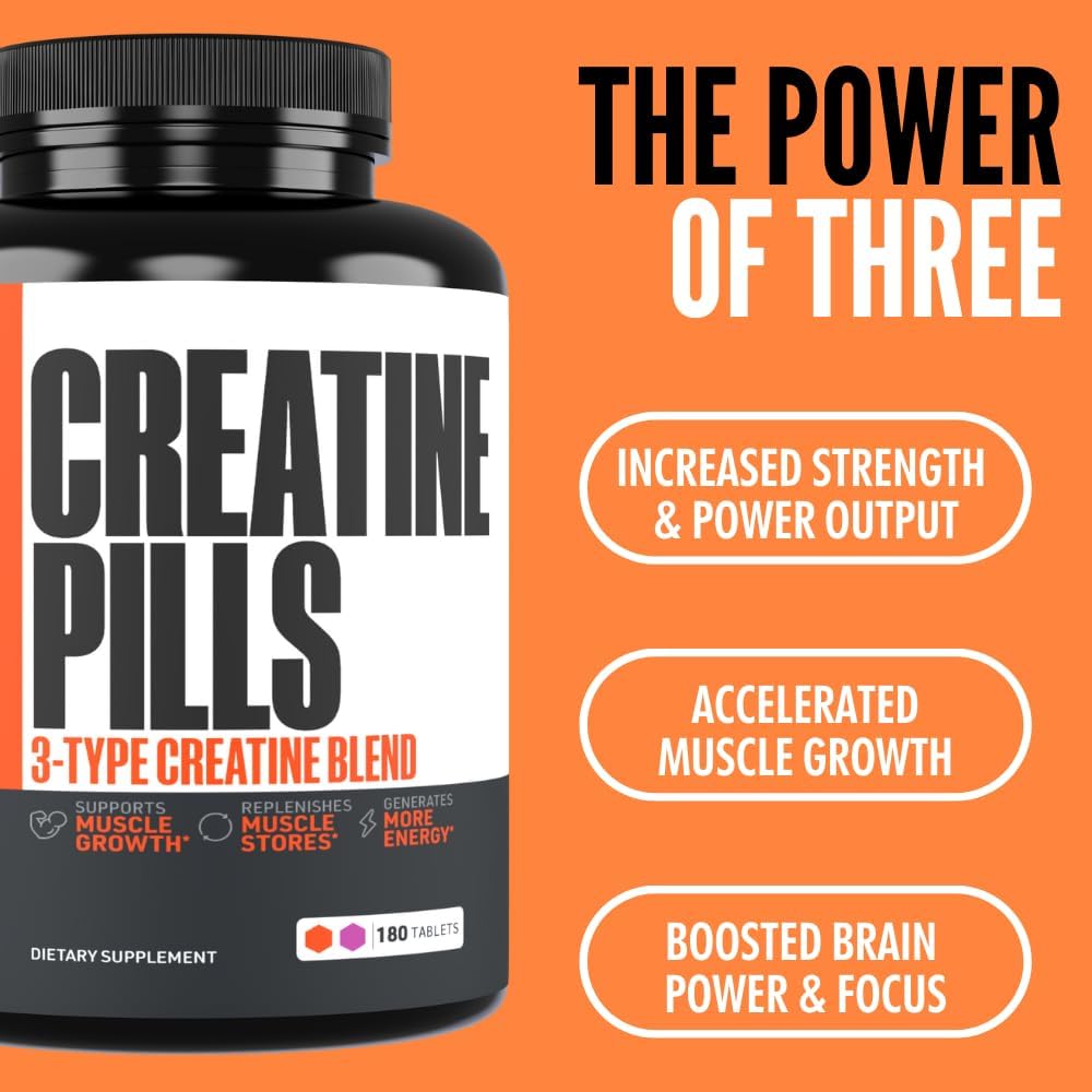 Crazy Muscle Creatine Monohydrate Pills, Premium 3 Type 5g Creatine Pills, Pre and PostWorkout & Keto Energy Builder, Easy to Take Three-Atine for Optimum Performance Men Women, 180 Tablets