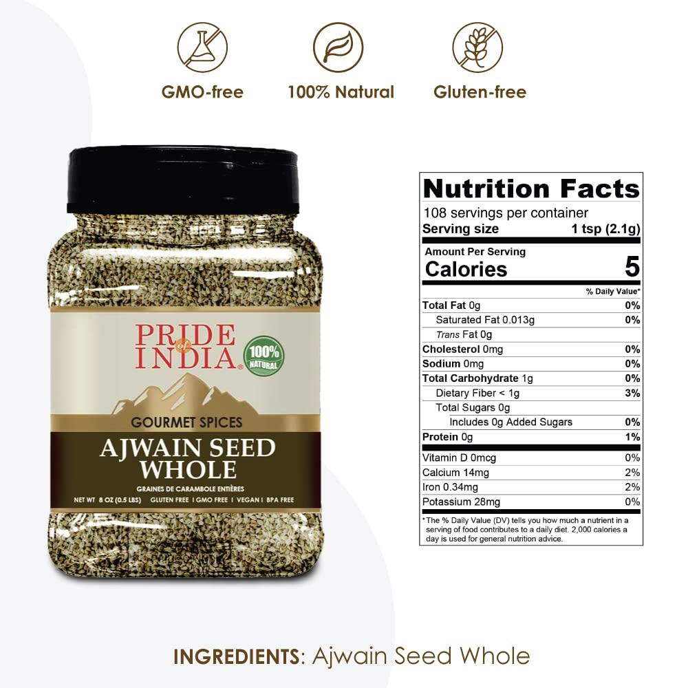 Pride of India - PACK of 6 - Ajwain Seed Whole 7 oz (200 gm) Medium Dual Sifter Jar | Gourmet Carom Seeds | Flavoring agent for Savory Dishes | Aromatic & Nutrient Dense | Easy to Use