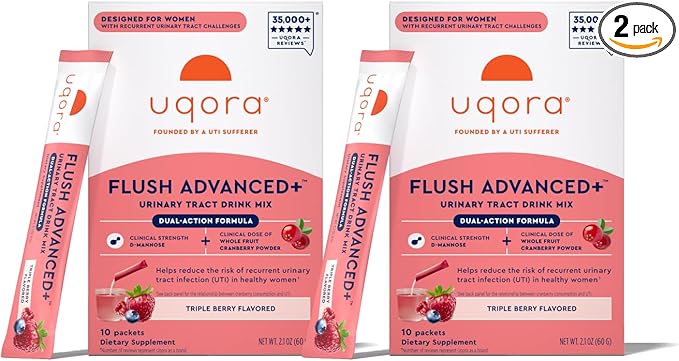 Uqora Flush Advanced+ - Helps Reduce Risk of Recurrent UTI** - with Cranberry, D-Mannose, Vitamin C, Vitamin B6 & Potassium - Gluten-Free & Vegan - Triple Berry Flavor - 20 Packets (2 Pack)