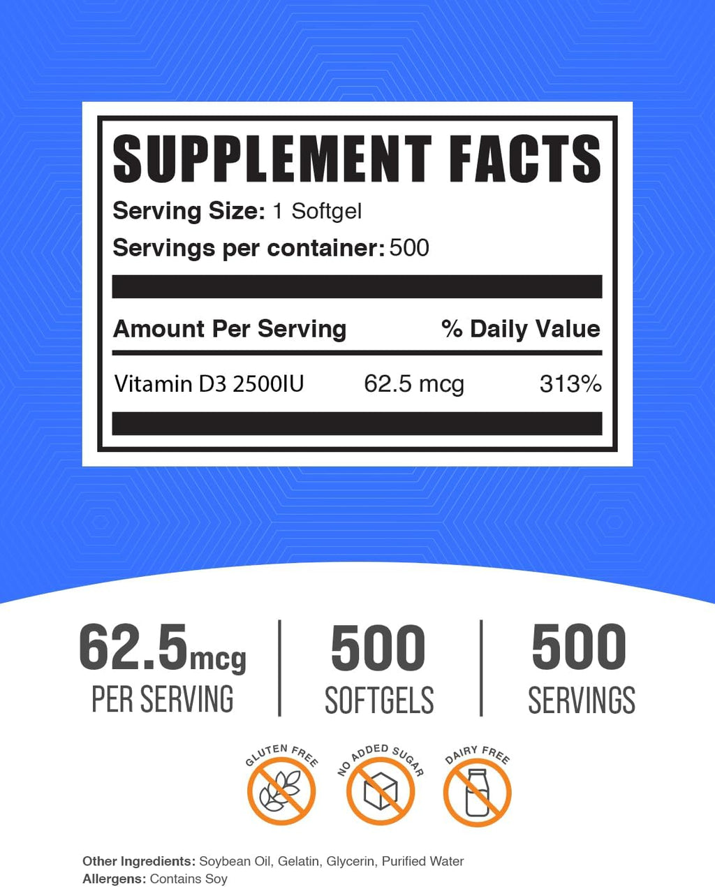 BulkSupplements.com Vitamin D3 2500IU Softgels - Cholecalciferol, D3 Supplement, Vitamin D 2500 IU - 1 Vitamin D3 Softgel (62.5mcg of Vitamin D) per Serving, 500 Count (Pack of 1)