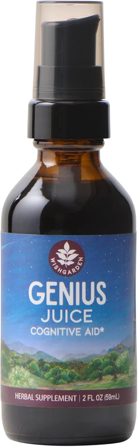 WishGarden Herbs Genius Juice - Liquid Herbal Nootropic Brain Booster Supplement for Focus, Clarity, Concentration & Energy with Ginkgo Biloba & Gotu Kola, Cognitive Support, No Caffeine, 2oz
