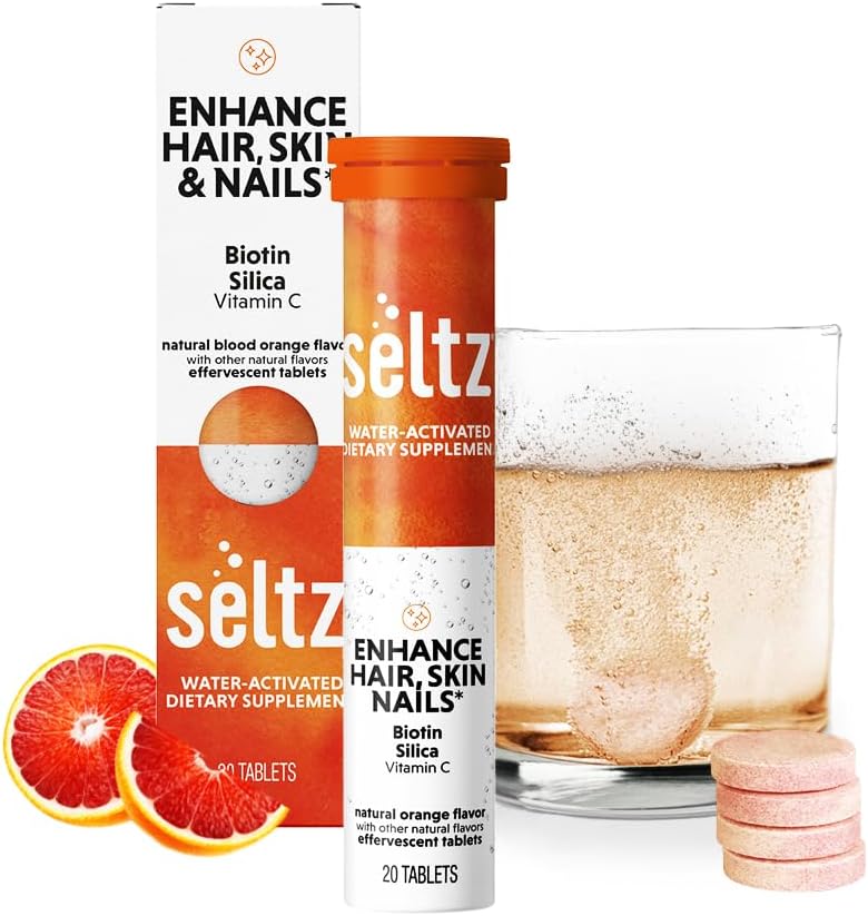 Seltz® Water-Activated Vitamins - Enhance Hair, Skin & Nails with Vitamin C, Silica, and Biotin – Natural Blood Orange Flavor Dietary Supplement - 1 Pack x 20 Effervescent Tablets