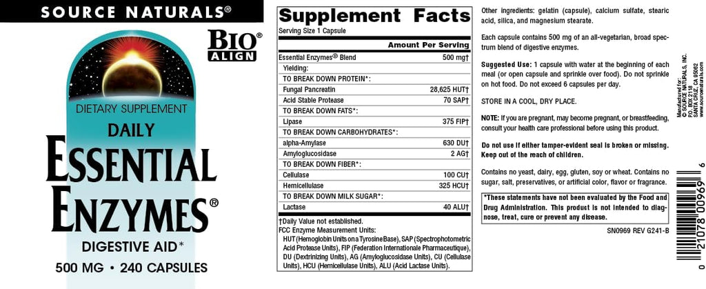 Source Naturals Essential Enzymes 500mg Bio-Aligned Multiple Enzyme Supplement Herbal Defense for Digestion, Gas, Constipation & Bloating Relief - Supports Immune System - 240 Capsules