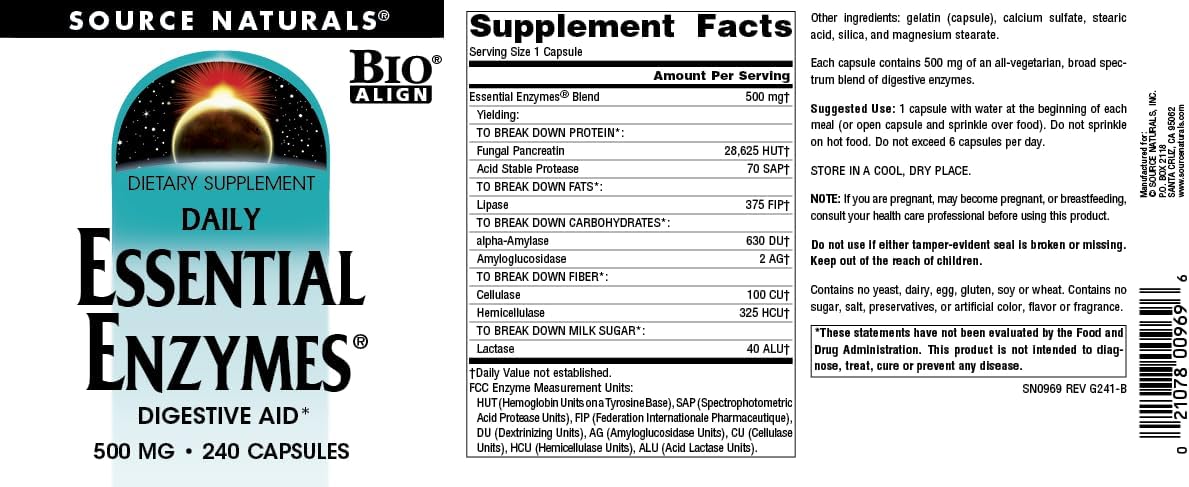 Source Naturals Essential Enzymes 500mg Bio-Aligned Multiple Enzyme Supplement Herbal Defense for Digestion, Gas, Constipation & Bloating Relief - Supports Immune System - 240 Capsules