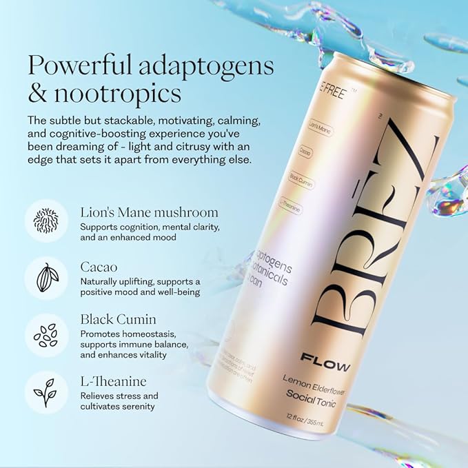 BRĒZ FLOW Lion’s Mane Mushroom Drink 12 Pack, Lemon Elderflower, Supports Mood & Focus, Non-Alcoholic Sparkling Adaptogen Drink, Functional Mushrooms, Feel Clear, Calm & Refreshed- 12 Fl oz Cans