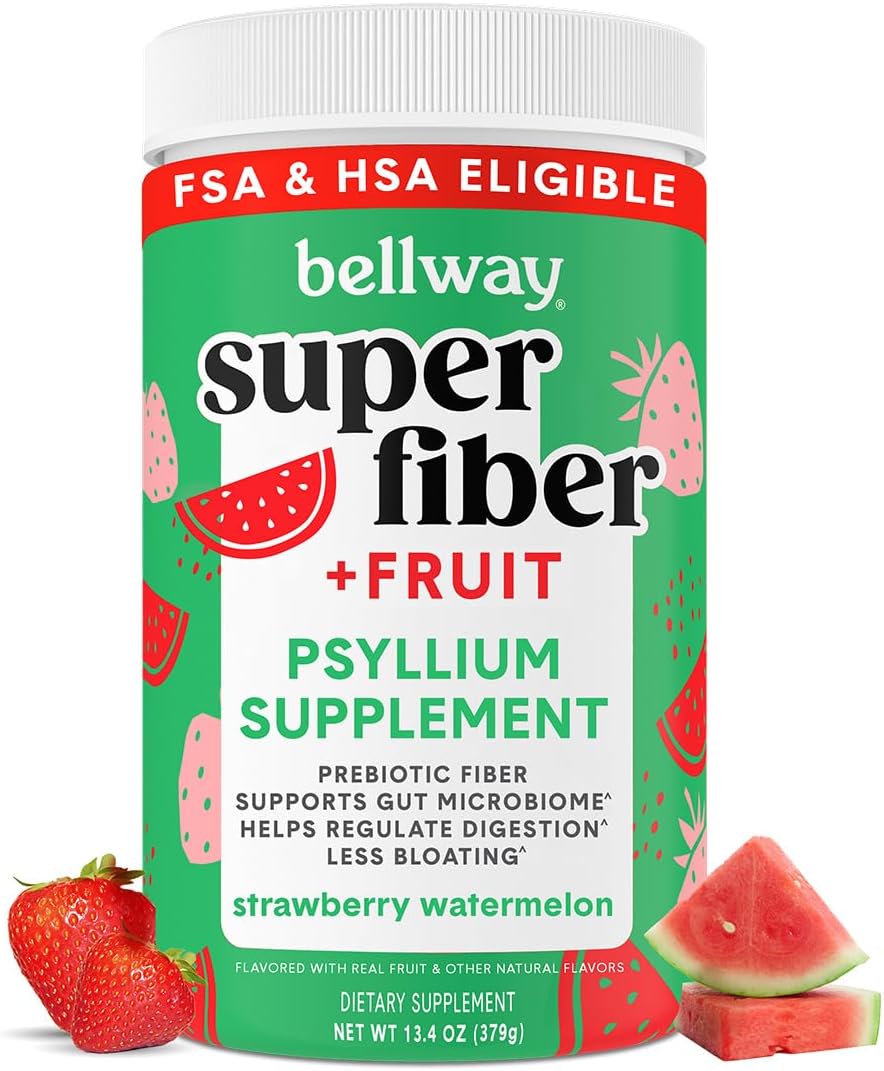 Bellway Super Fiber Powder + Fruit, Sugar Free Organic Psyllium Husk Powder Fiber Supplement for Regularity, Bloating Relief & Digestive Health, Plant-Based, Strawberry Watermelon (50 Servings)