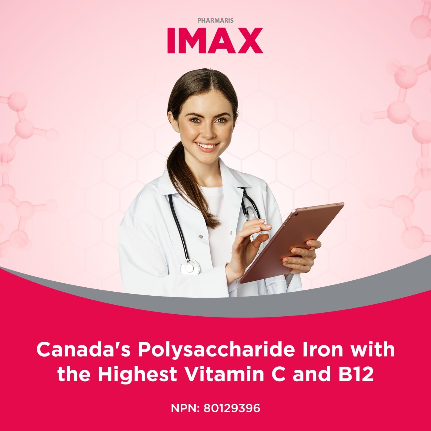 IMAX 150 mg Iron Supplement, 250 mg VIT C, 1000 mcg VIT B12, 100 Capsules, Treatment for Iron Deficiency Anemia, Once Daily Dosing