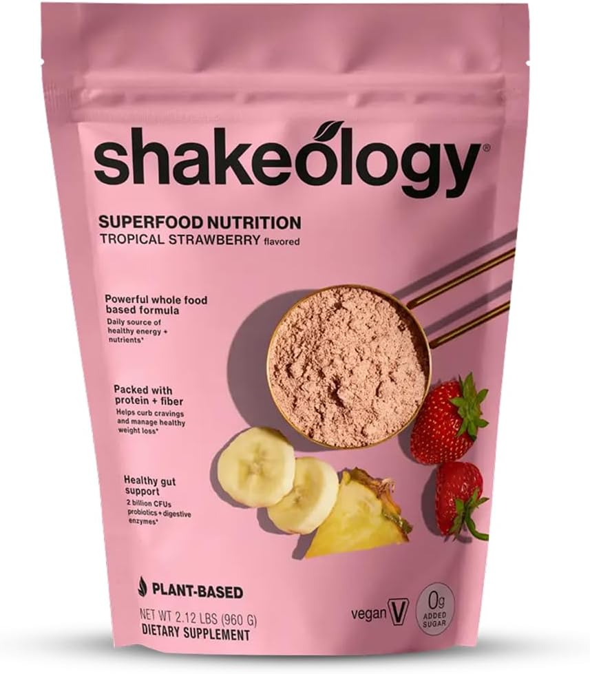 Shakeology 0g Added Sugar Plant Based Protein Powder Blend, Gluten-Free Shake with Vitamins and Minerals – Helps Support Healthy Weight Loss, Lean Muscle – Tropical Strawberry, 30 Servings