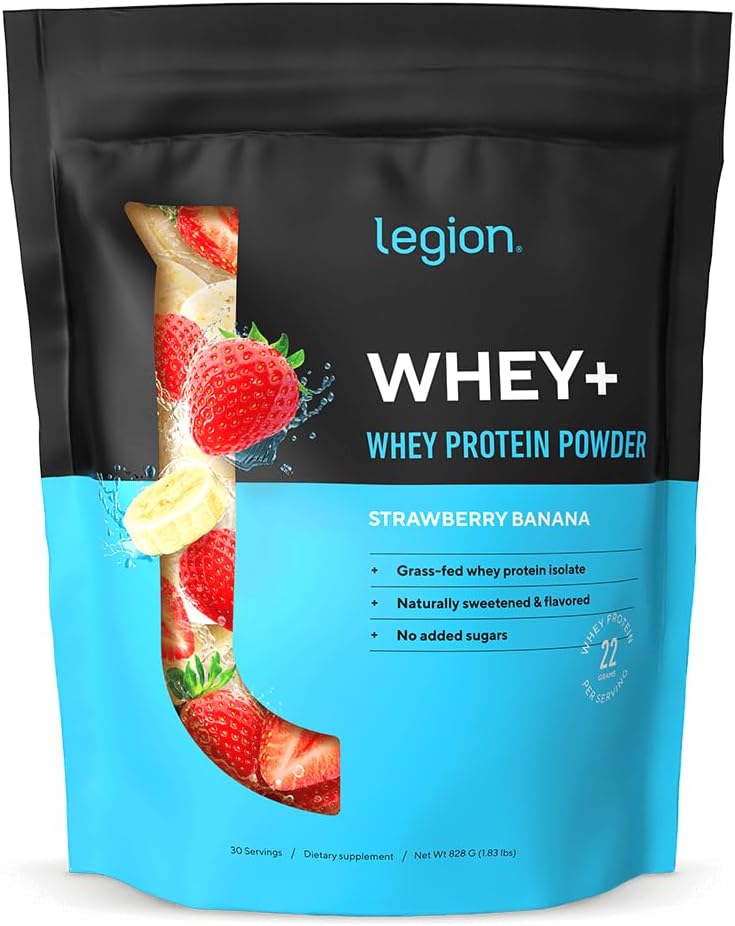 LEGION Whey+ Strawberry Banana Whey Isolate Protein Powder from Grass Fed Cows, Low Carb, Low Calorie, Non-GMO, Lactose Free, Gluten Free, Sugar Free, All Natural Whey (30 Serving Strawberry Banana)
