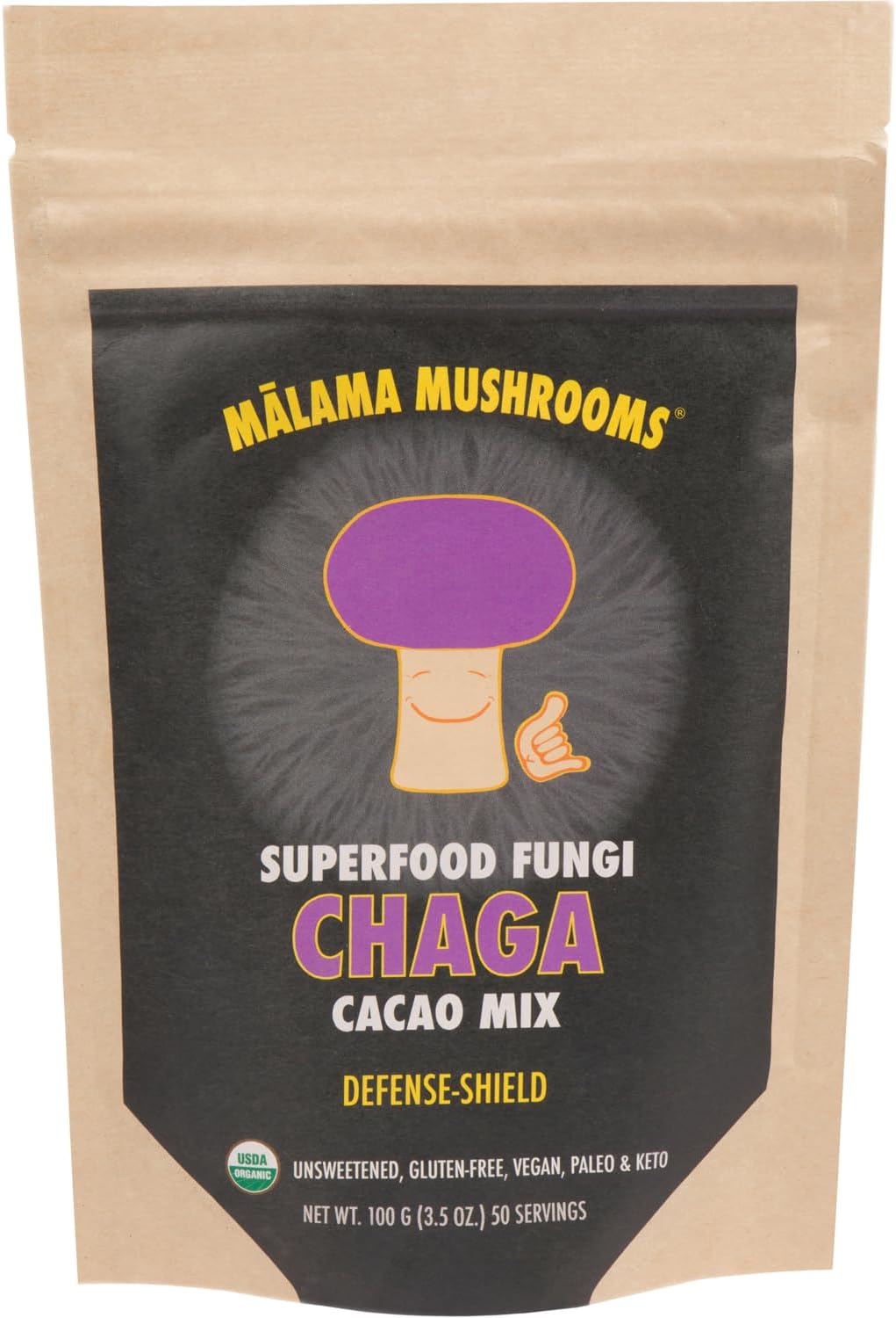 Malama Organic Mushroom Hot Cacao Mix, Chaga Mushroom Powder with Fair Trade Cacao for Immune & Antioxidant Support – Vegan Supplement & Superfood, Non GMO, 3.5 oz (50 Servings)