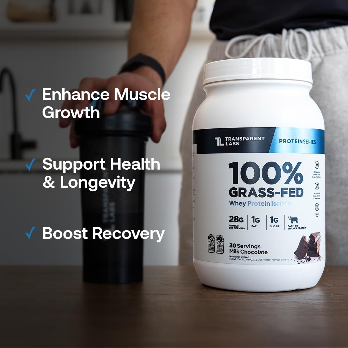 Transparent Labs Grass-Fed Whey Protein Isolate - Naturally Flavored, Gluten Free Whey Protein Powder with 28g of Protein per Serving & 9 Amino Acids - 30 Servings, Milk Chocolate