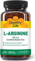 Country Life L-Arginine Caps with Vitamin B-6, 500mg, 200 Vegan Capsules, Certified Gluten Free, Certified Vegan