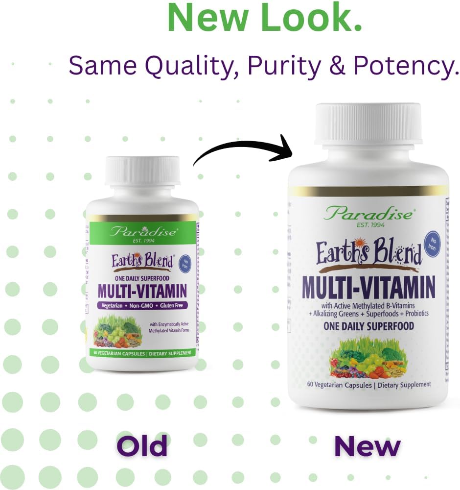Paradise Herbs Earth's Blend Once Daily Multivitamin for Men, No Iron, 48 Organic Superfoods, Probiotics, and Vitamins A, B12, C, D, K2, 60 Count