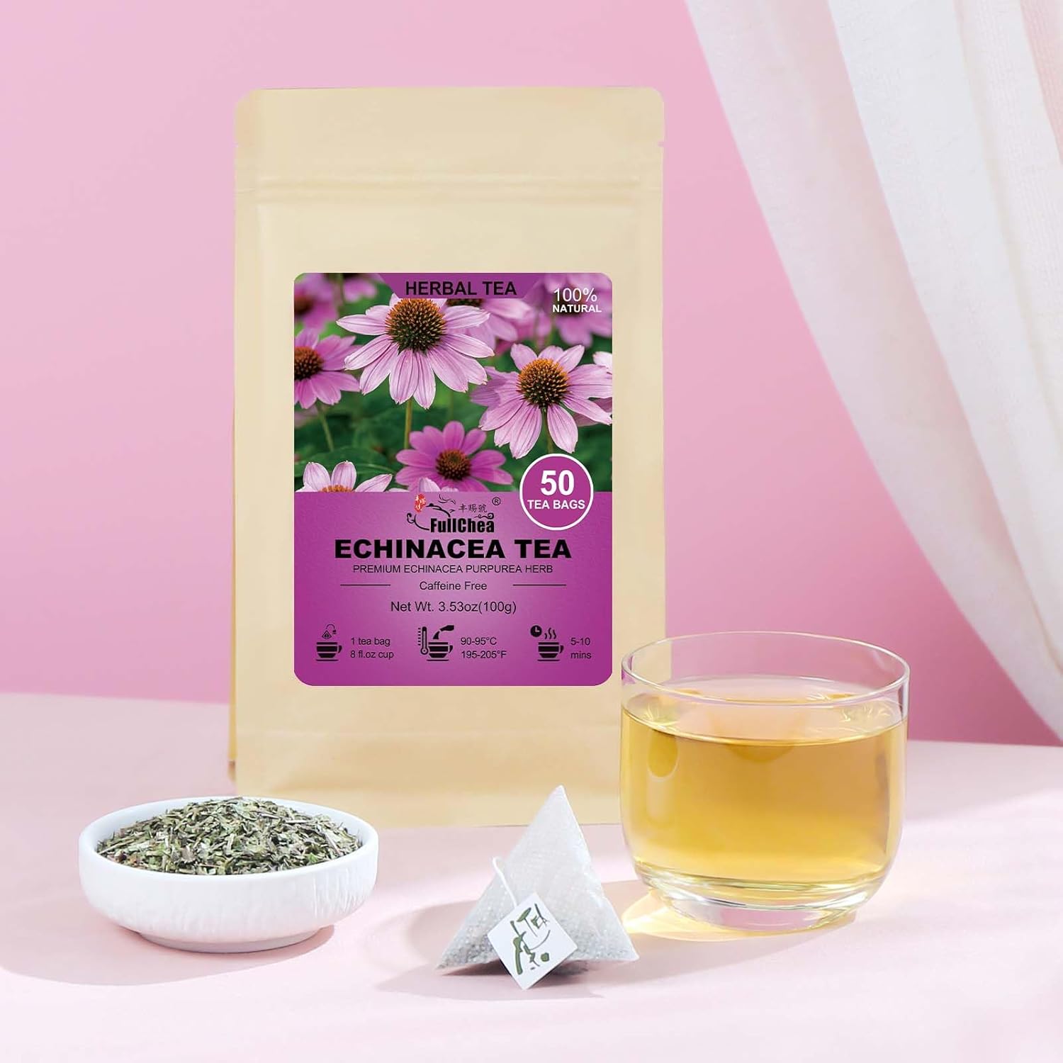 FullChea - Echinacea Tea Bags, 50 Count, 2g/bag - Premium Echinacea Purpurea Herb - Non-GMO - Caffeine-free - Aid Digestion & Boost Immunity