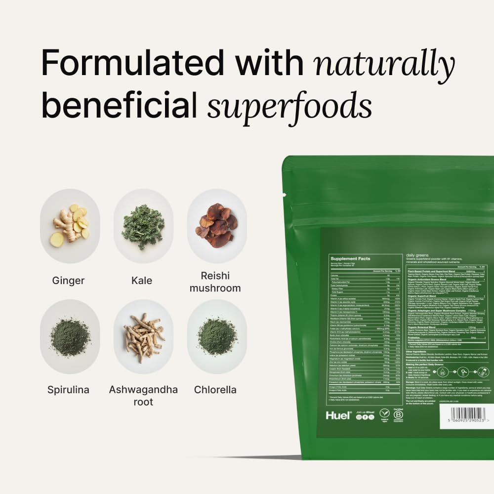 Huel Daily Greens Lemon & Ginger | Superfood Greens Powder | 91 Vitamins, Minerals, and Wholefood-Sourced Ingredients | Adaptogens, Antioxidants, Gut-Friendly Probiotics | 30 Servings