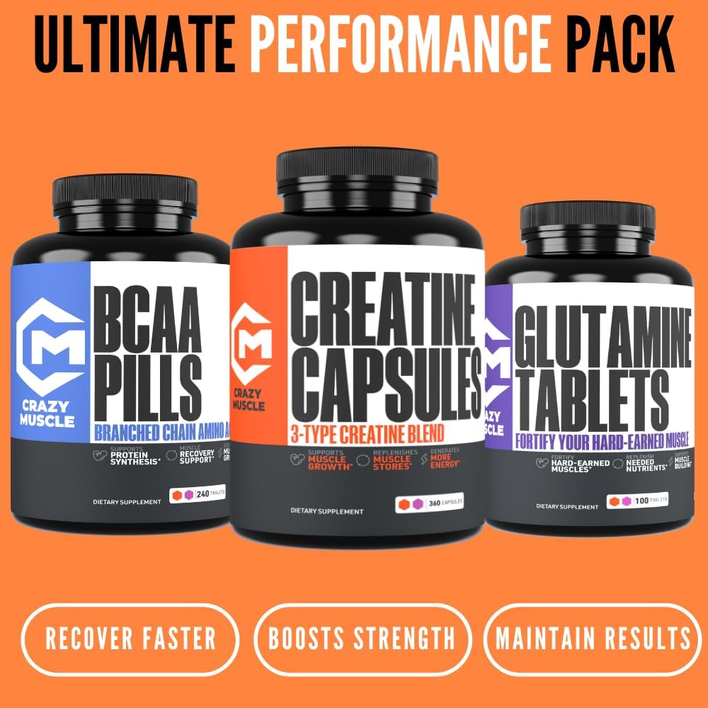 Crazy Muscle Creatine Capsules, 5g of Premium 3X ThreeAtine Pre Workout Bulk Mass Gainer, High Absorption Easy to Take Creatine Monohydrate, Optimum Performance for Men Women, 360 Capsules