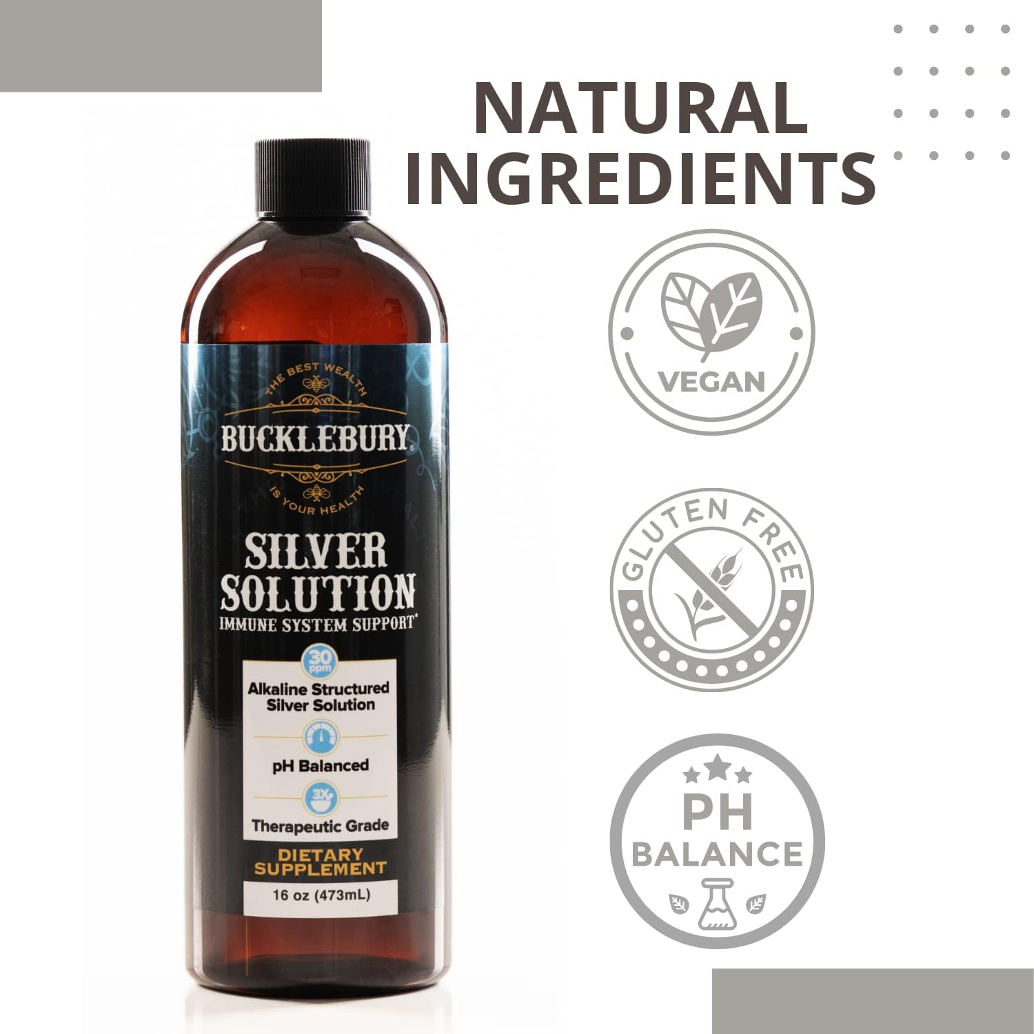 Silver Solution pH Balanced - Alkaline Structured Silver Solution Unflavored Liquid for Daily Immune Support - 30ppm Gluten Free - 16 oz