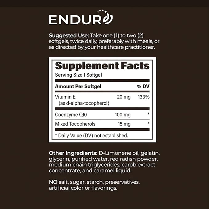 Endurance Products Endur Crystal-Free Co-Enzyme Q10, Heart & Antioxidant Defense Supplement, Helps Support Energy Production, Gluten Free, 100mg (120 Softgels)