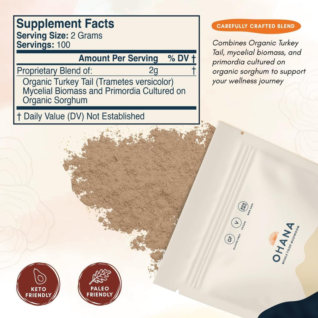Ohana Turkey Tail, Organic Mushrooms Powder Blend, USDA-Organic Whole Food Mushroom Supplement, Non-GMO, Gluten-Free, 7.06 oz Bag, Pack of 1