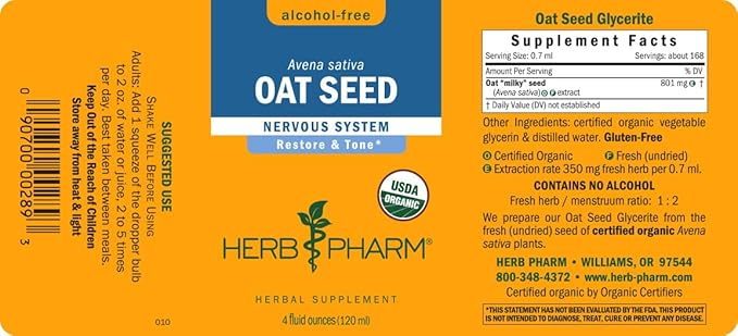 Herb Pharm Certified Organic Alcohol-Free Oat Seed Glycerite for Nervous System Support - 4 Ounce