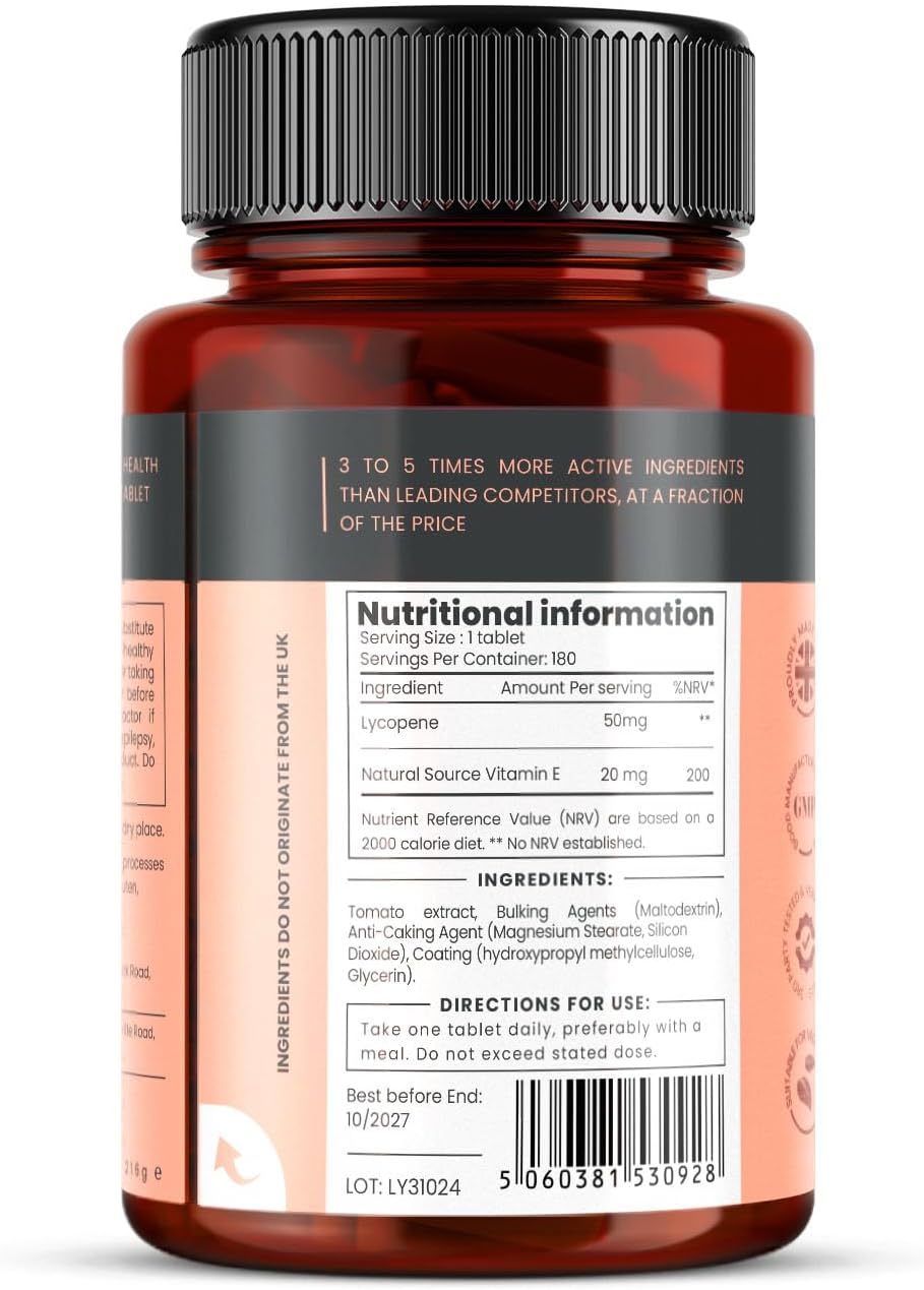pureclinica 50mg Lycopene x 360 Tablets (2 Bottles of 180 Tablets Each - 12 Months Supply). Triple Strength Lycopene are 3 x Strength of Regular Tablets.