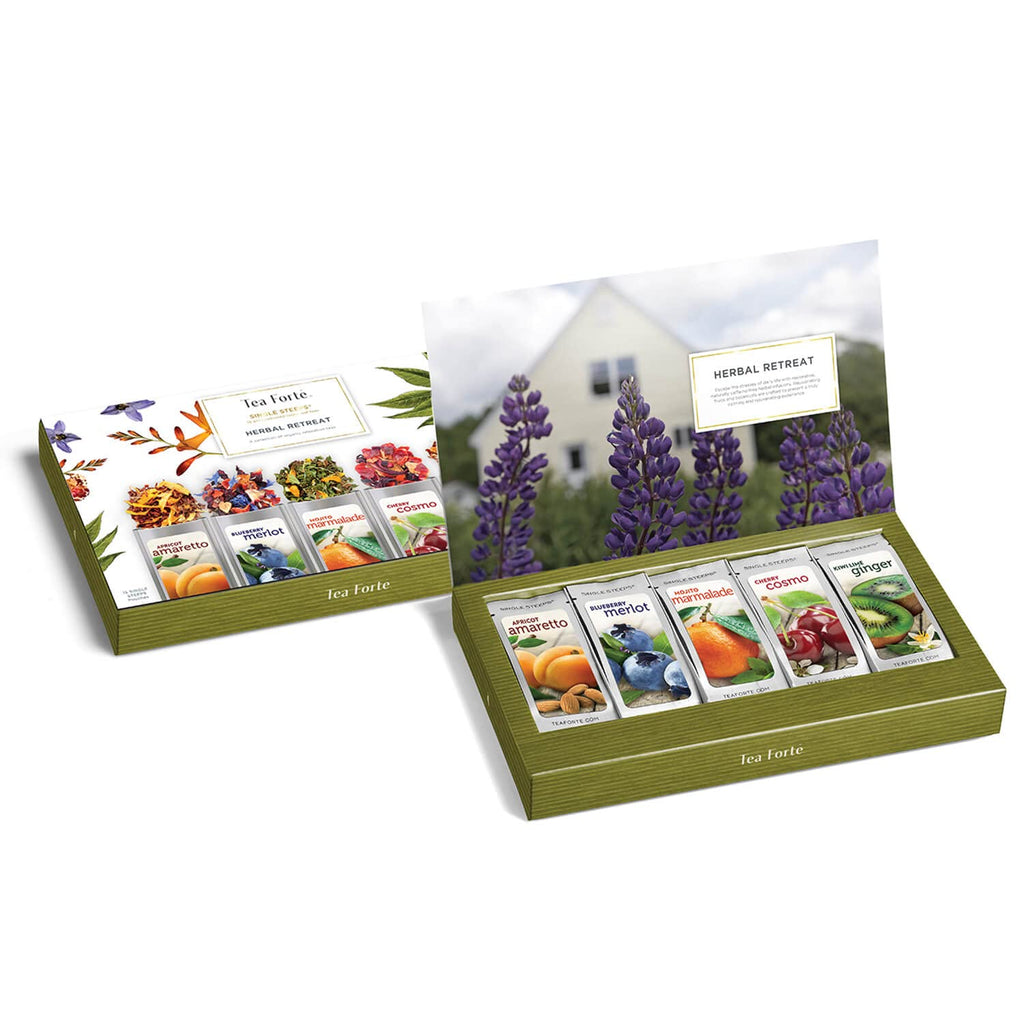Tea Forte Single Steeps Loose Leaf Tea Sampler, Assorted Variety Tea Box, 15 Single Serve Pouches (Herbal Retreat)