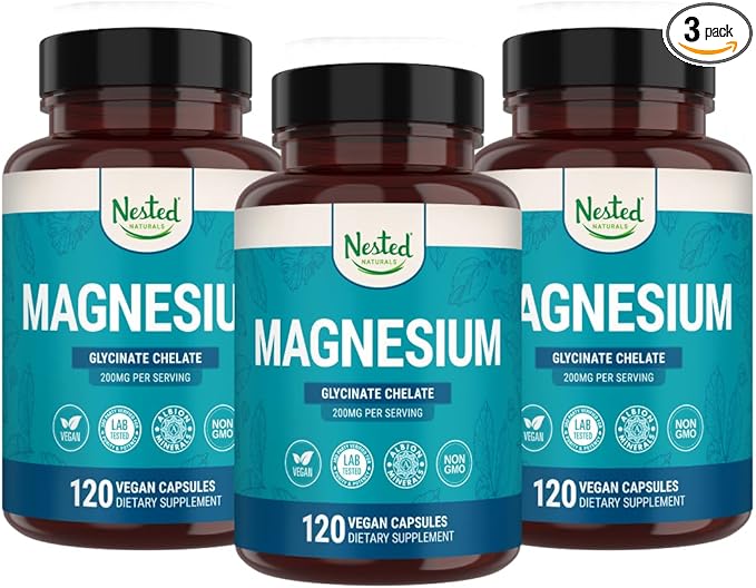 Nested Naturals Magnesium Glycinate Chelate - 200mg Magnesium Supplement for Muscle Cramps, Relaxation, & Sleep Support - 100% Albion TRACCS Buffered Magnesium Glycinate - 3-Pack (360 Vegan Capsules)