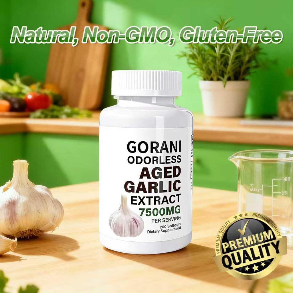 Gorani Odorless Aged Garlic Extract Capsules 7500mg, 200 Softgels, GMP-Certified, Garlic Supplements