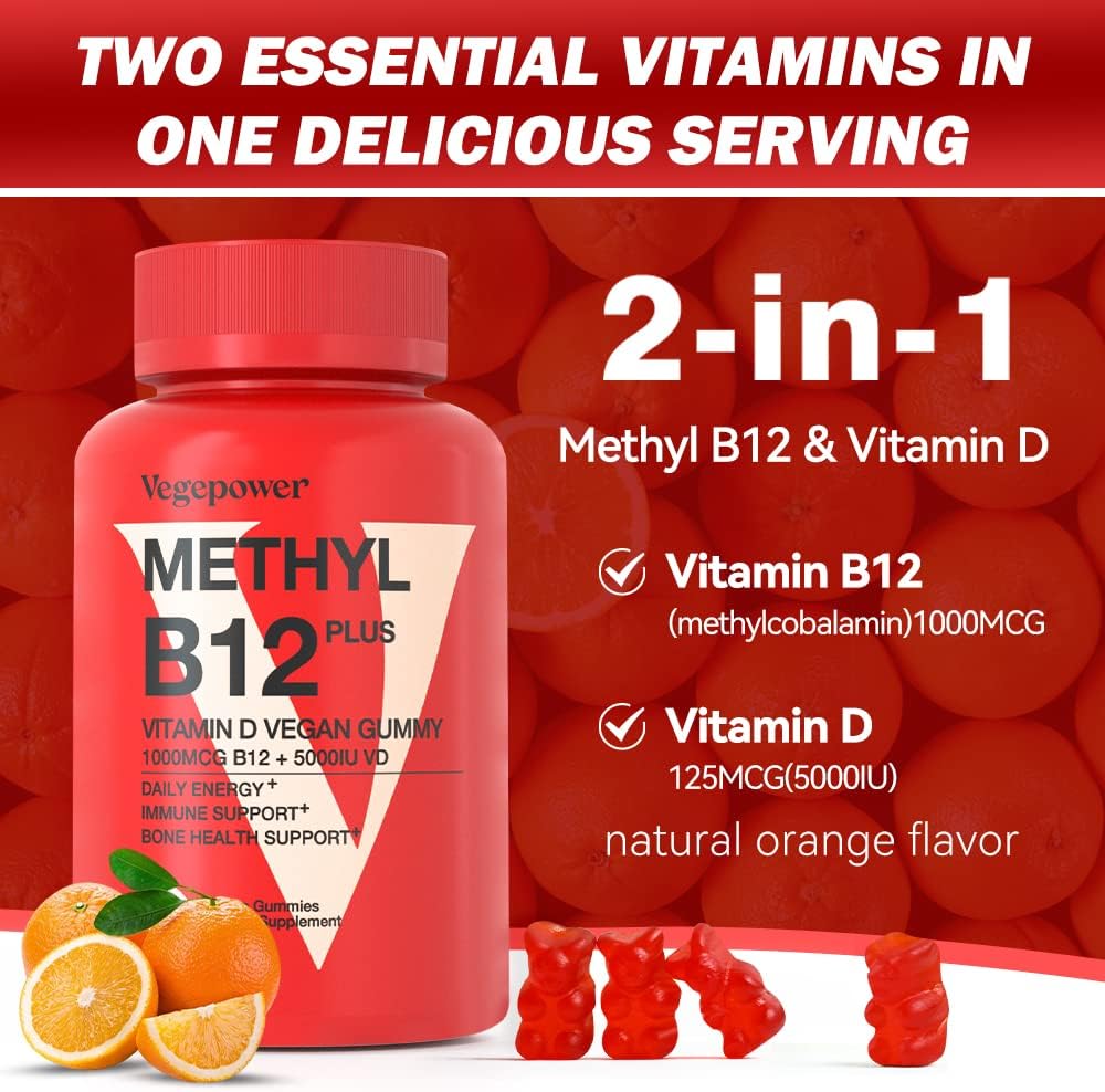 Vitamin B12 1000 mcg Gummies for Adults - Vegan Methyl B12 & D3 5000 IU Vitamin Gummy Supplements for Women - Supports Bone Health & Energy Boost - Non-GMO, Orange Flavor 180 Bears