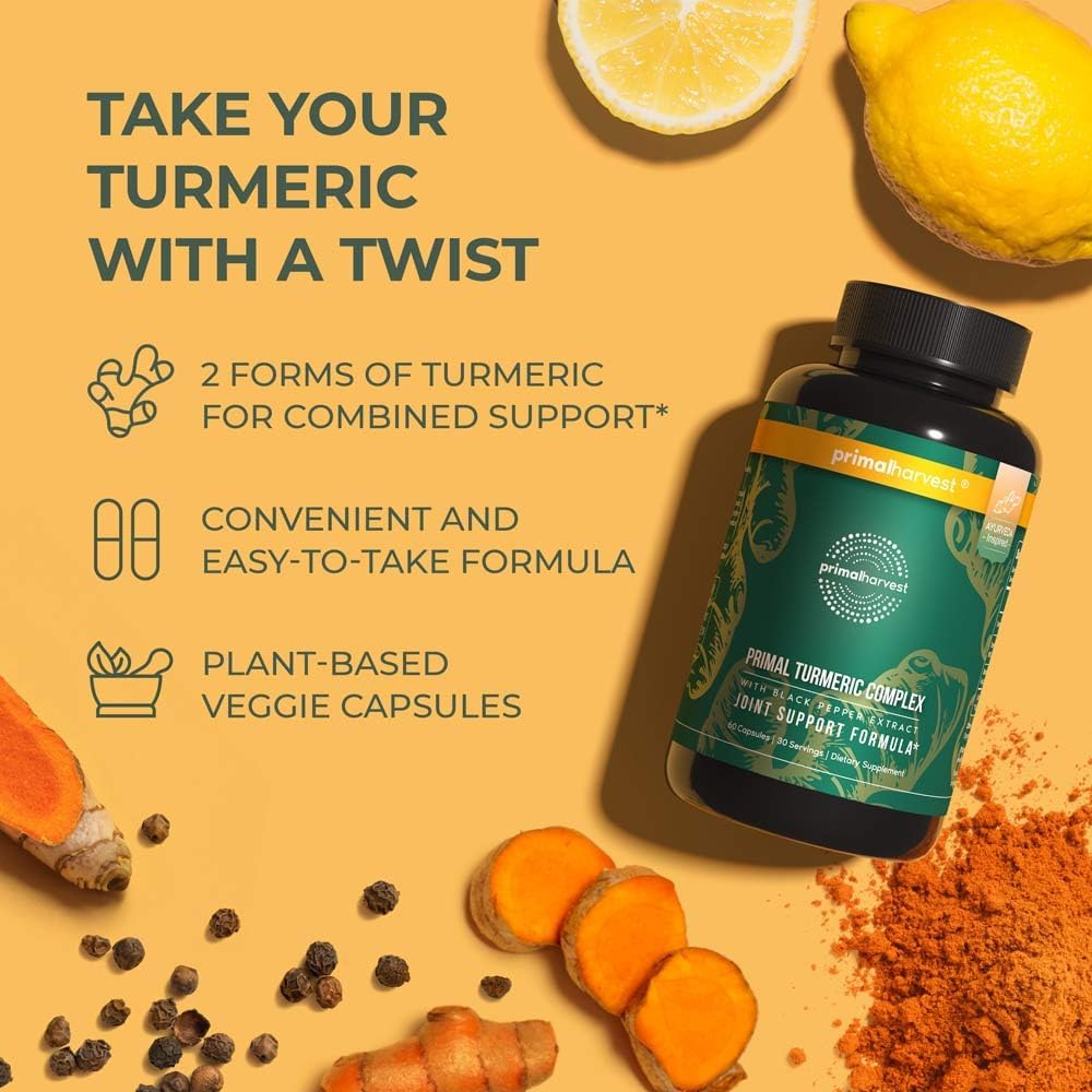 Primal Harvest 1 Pack, Primal Turmeric Complex w/Black Pepper Extract, Joint and Mobility Support Supplement for Women & Men, 60 Capsules
