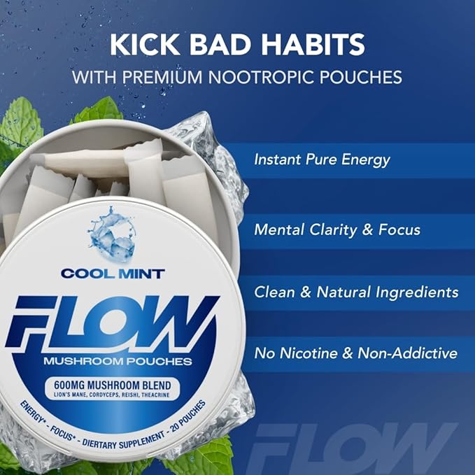 Mushroom Nootropic Pouches - 600mg Organic Mushroom Energy Ultra Pouches with Lion's Mane, Reishi, Cordyceps for Focus & Clean Energy - Zero Caffeine or Sugar (5 Can Pack, Cool Mint)