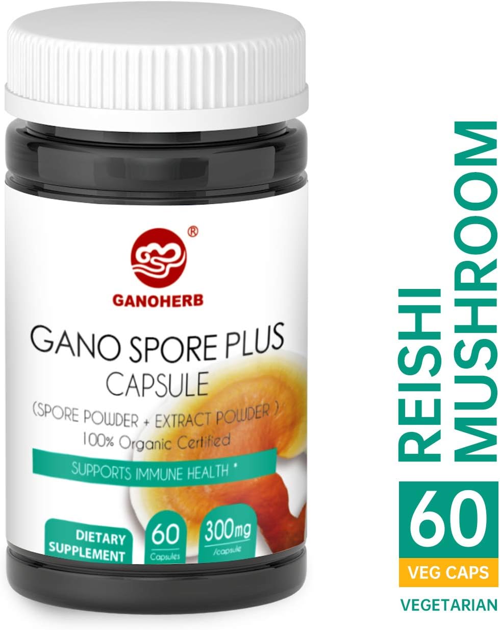 Organic Reishi Mushroom Spore Plus Capsules with 100% Ganoderma Lucidum Spore Powder+ Extract, Vegan, All Natural, Non-GMO & Gluten Free, 60 Veggie Capsules