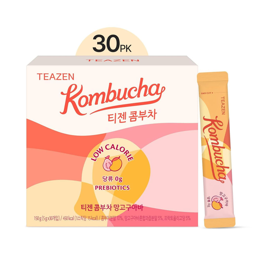 TEAZEN Mango Guava Kombucha Tea, Hydration Drink Mix, Sugar Free, Live Probiotics & Prebiotics, 30 Sticks, 5.29oz