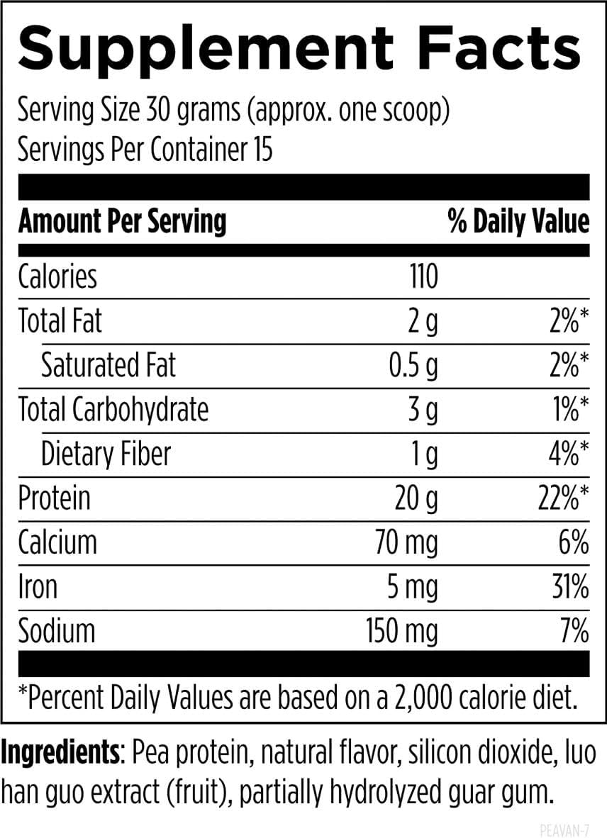 Designs for Health PurePea - 20g Vegan Pea Protein, Non-GMO Natural Drink Mix Powder Supplement, Vanilla (15 Servings / 450g)
