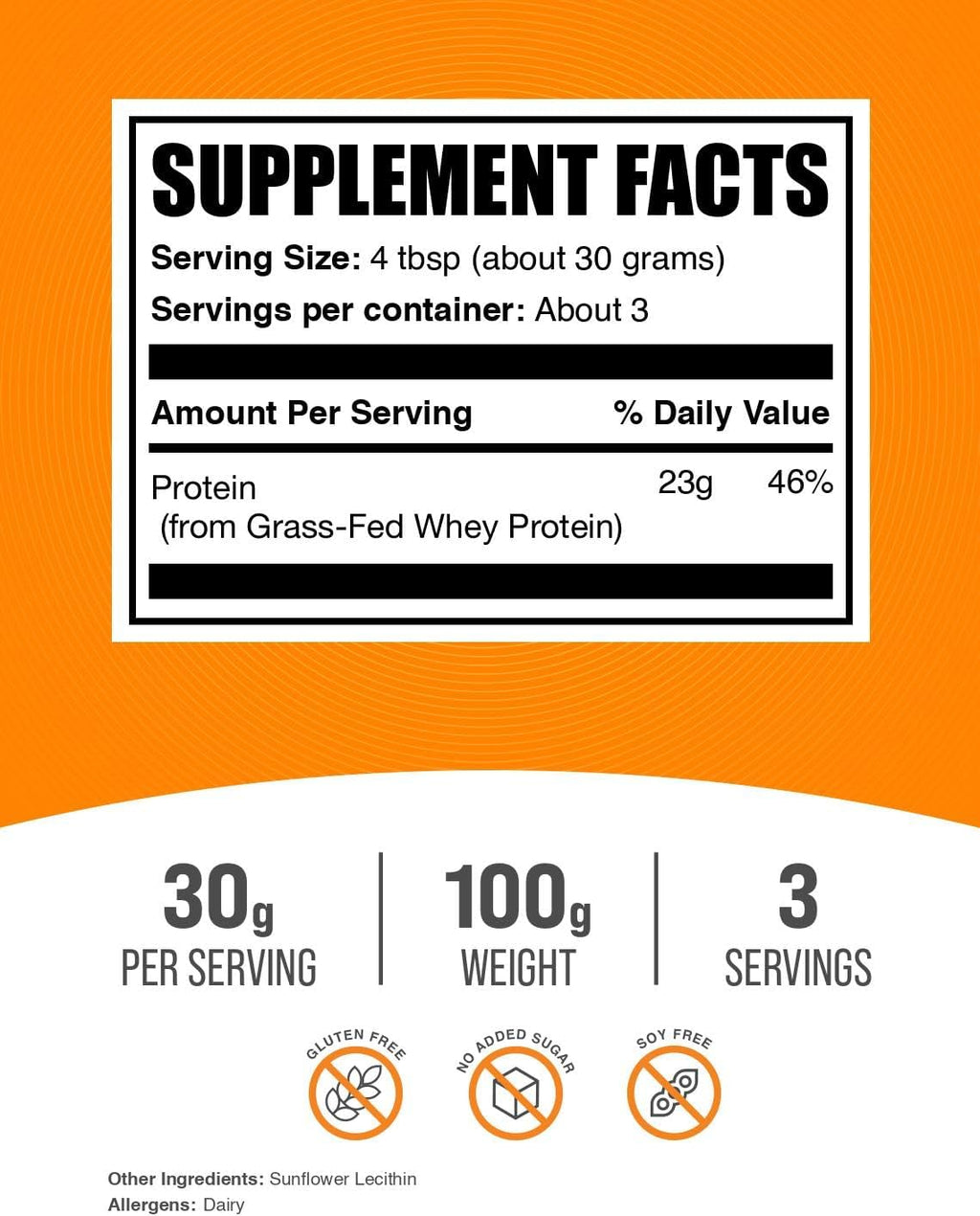 BulkSupplements.com Grass Fed Whey Protein Powder - Whey Protein Concentrate Powder - Unflavored & Gluten Free, 30g per Serving, 100g (3.5 oz) (Pack of 1)