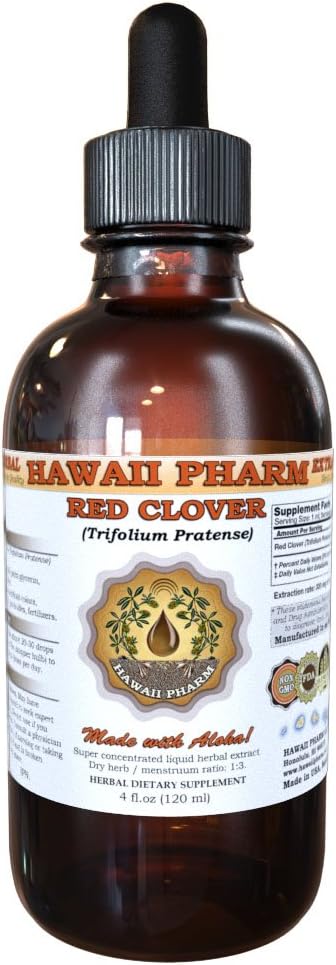 Red Clover Liquid Extract, Organic Red Clover (Trifolium Pratense) Tincture, Herbal Supplement, Hawaii Pharm, Made in USA, 2oz