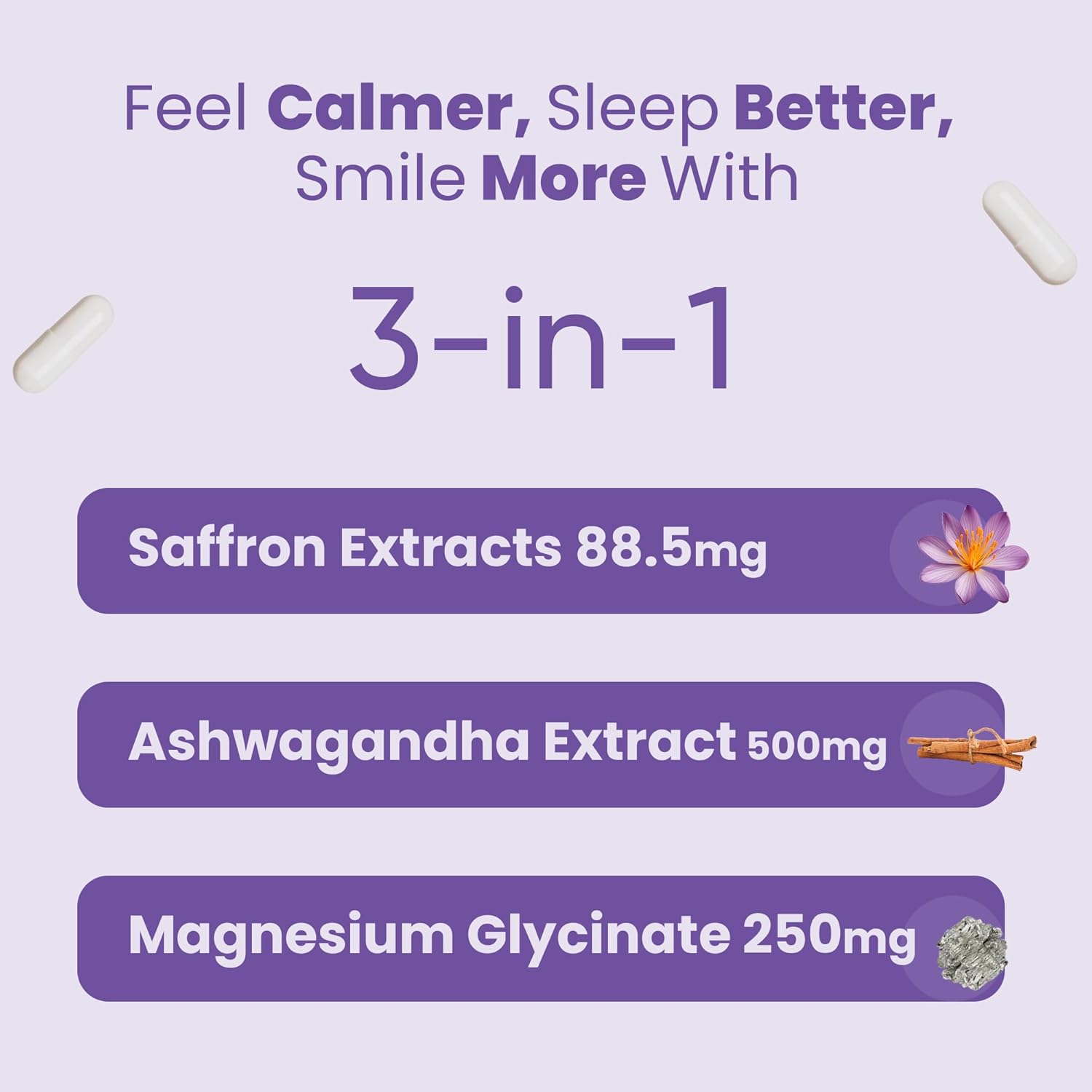 Saffron Supplement 88.5 mg with Ashwagandha & Magnesium Glycinate, Mood, Eye Health & Relaxation, 60 Clean Capsules, Saffron Stigma Extract, Made in USA