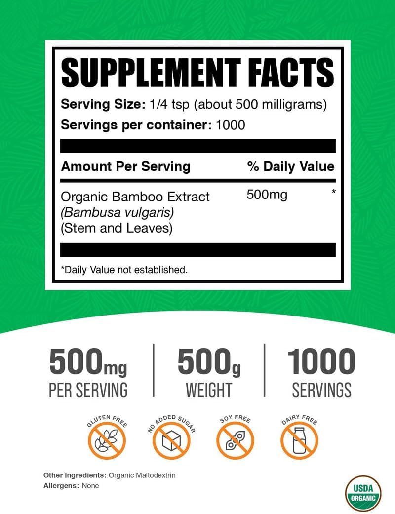 BulkSupplements.com Organic Bamboo Extract Powder - Silica Supplements, Organic Bamboo Powder - Herbal Supplement, Gluten Free, 500mg per Serving, 500g (1.1 lbs) (Pack of 1)