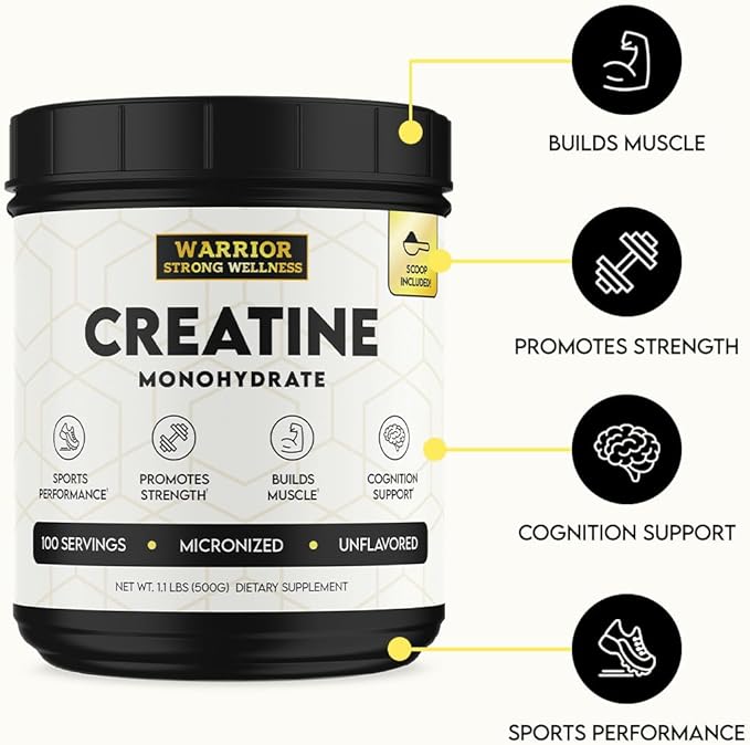 Creatine Monohydrate Powder 1 lb, 100 Servings, ISO Certified Tested Vegan, Unflavored Micronized Powder- Support Muscles, Cellular Energy & Cognitive Function