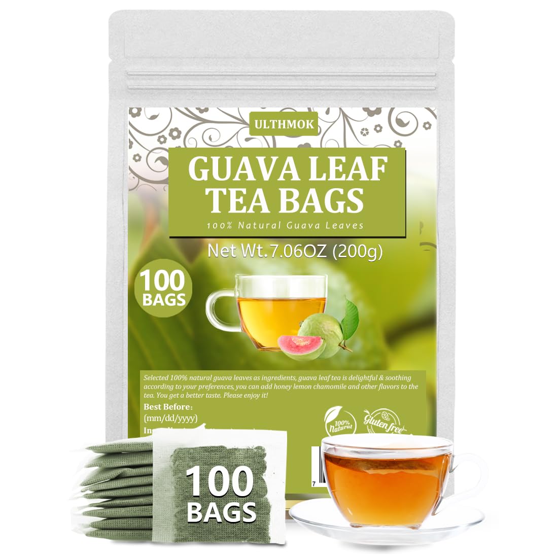 Premium 100 Guava Leaf Tea Bags, Made with 100% Natural Guava Leaves, No Additives & Caffeine Free.