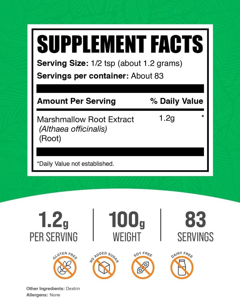 BulkSupplements.com Marshmallow Root Extract Powder - Marshmallow Root Supplement, Herbal Supplement - Gluten Free, 1.2g per Serving, 100g (3.5 oz) (Pack of 1)