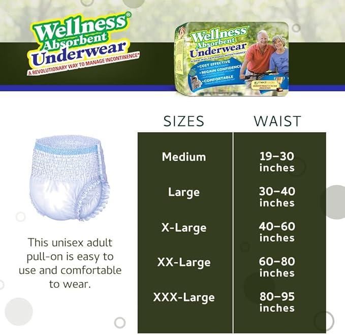 Unique Wellness-Absorbent Underwear (Pull-Ups) Size X-Large (40"–60" Waist) 12 Count, Made in USA