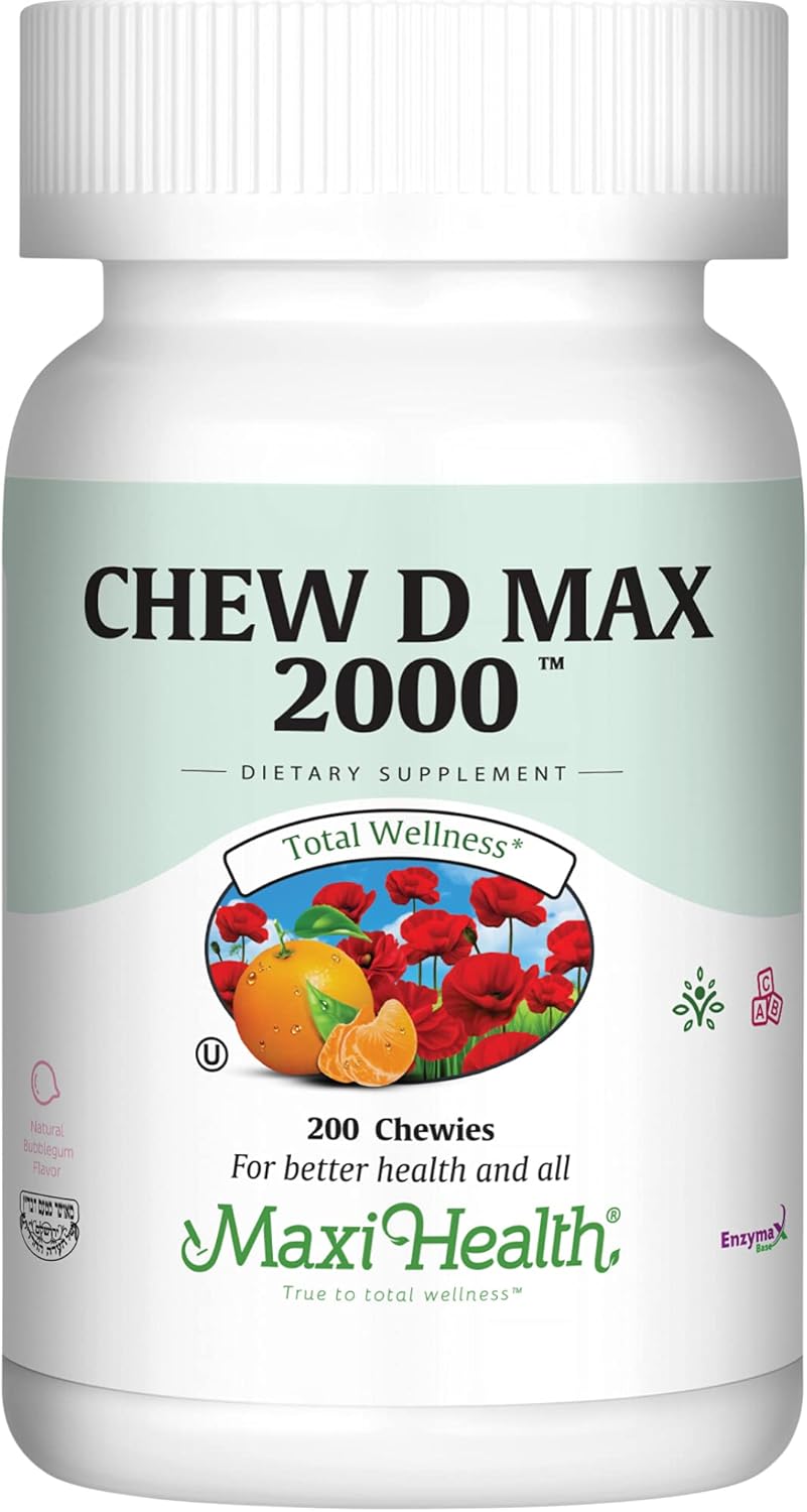 Maxi Health Chewable Vitamin D3 2000 IU Supplement - Delicious Natural Bubble Gum Flavor - Supports Calcium Absorption, Immune and Bone Health in Adult Women, Men, Children & Toddlers - 200 Chews