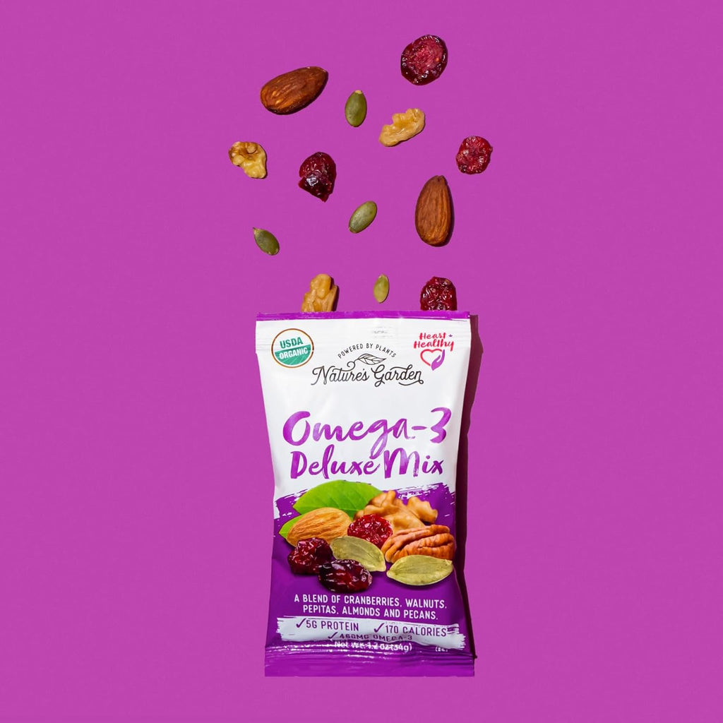 Nature's Garden Omega 3 Deluxe Mix - Trail Mix Nuts, Heart Healthy, Gluten Free, Cholesterol Free, Sodium Free, No Artificial Ingredients - 1.2 oz Bags (24 Individual Servings)