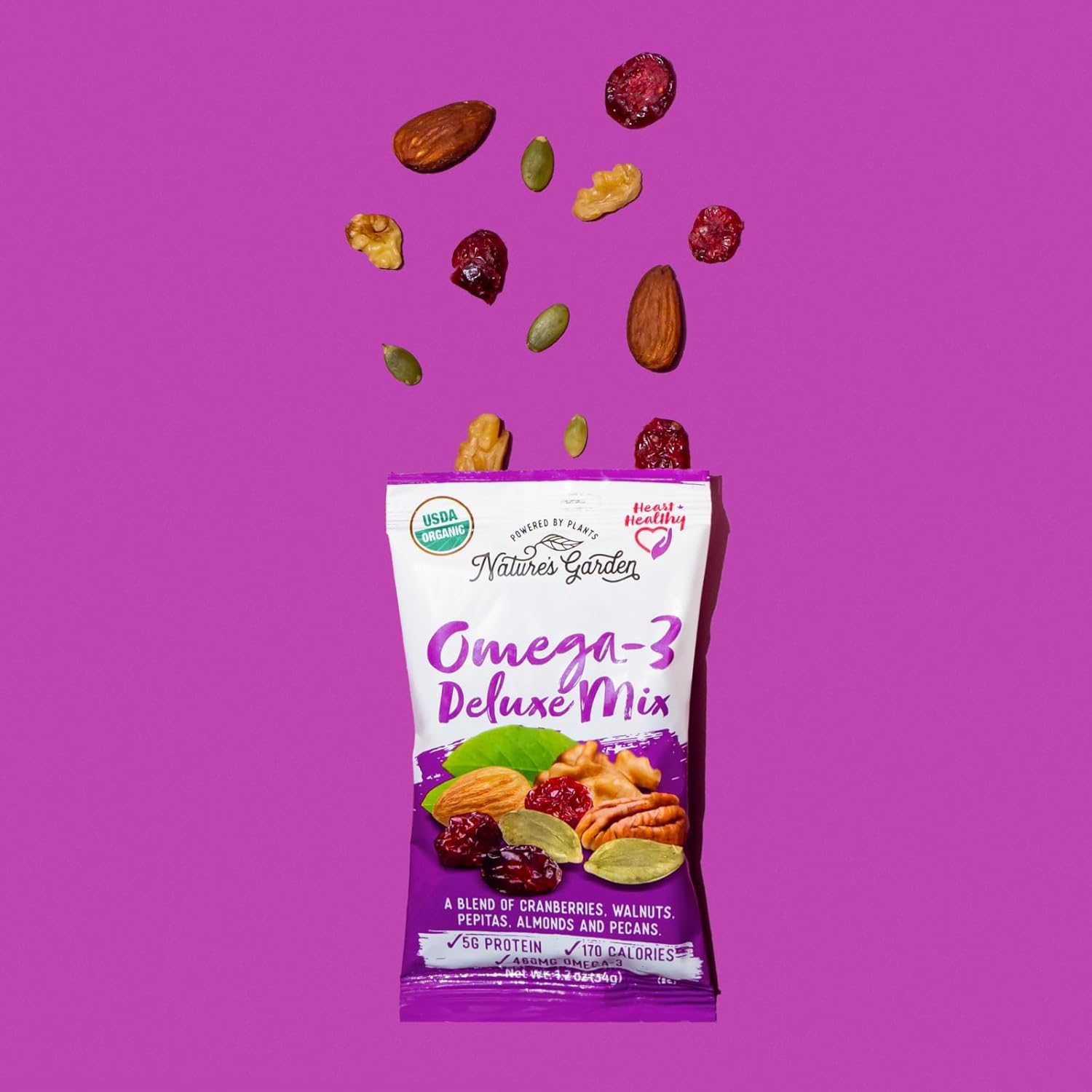 Nature's Garden Omega 3 Deluxe Mix - Trail Mix Nuts, Heart Healthy, Gluten Free, Cholesterol Free, Sodium Free, No Artificial Ingredients - 1.2 oz Bags (24 Individual Servings)
