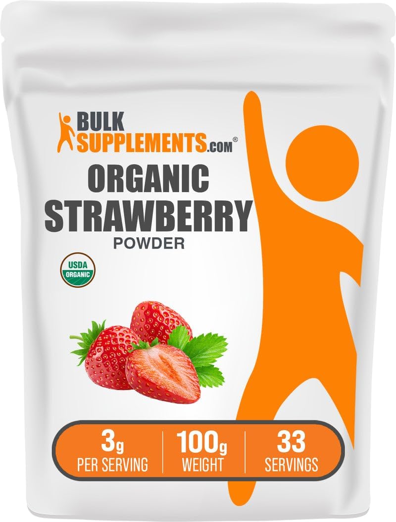 BulkSupplements.com Organic Strawberry Powder - Fruit Powder from Organic Strawberries - No Sugar Added & Gluten Free, 3g per Serving, 100g (3.5 oz) (Pack of 1)