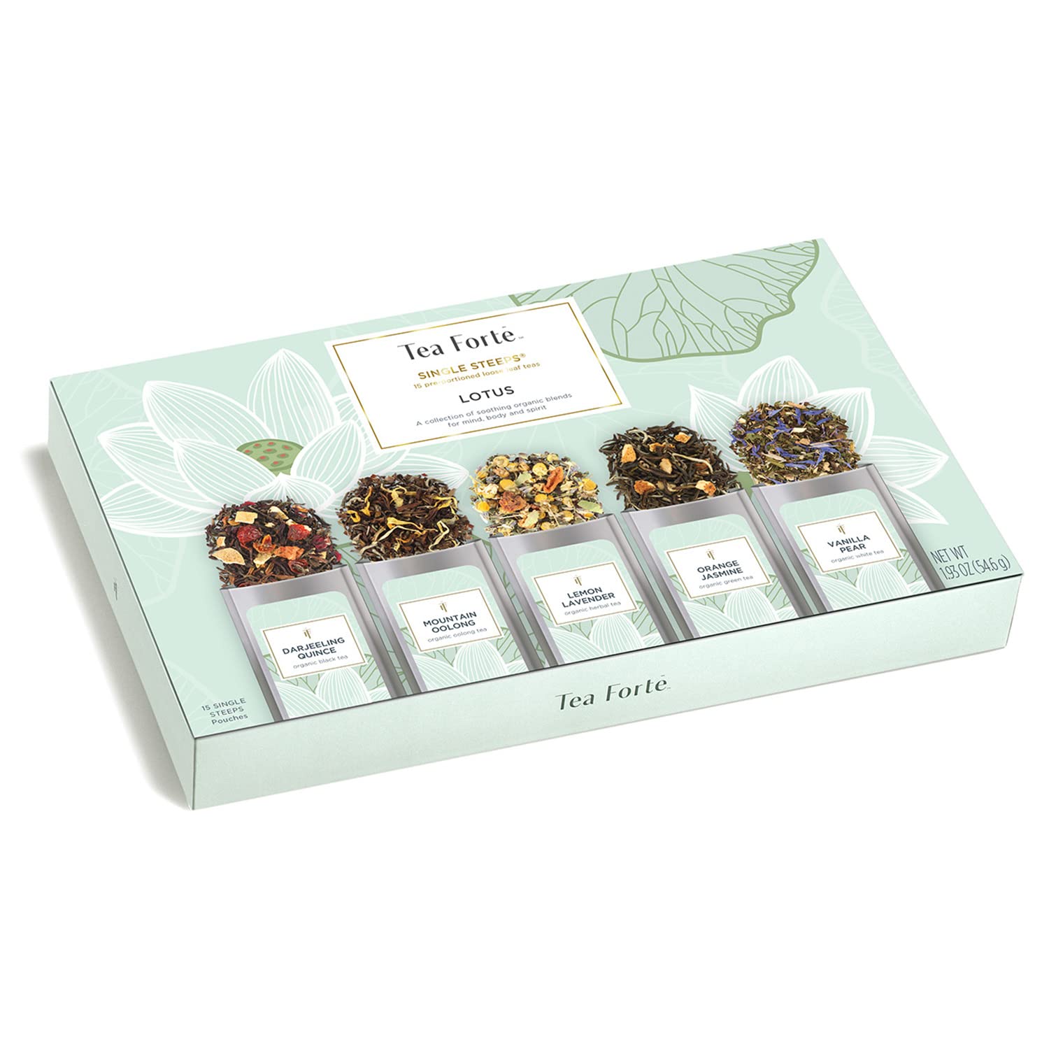 Tea Forte Lotus Single Steeps Loose Leaf Premium Tea Gift Set Sampler, 15 Count 3 of Each Assorted Blends, Pre-Portioned Single Serve Pouches, Steeps 12 oz